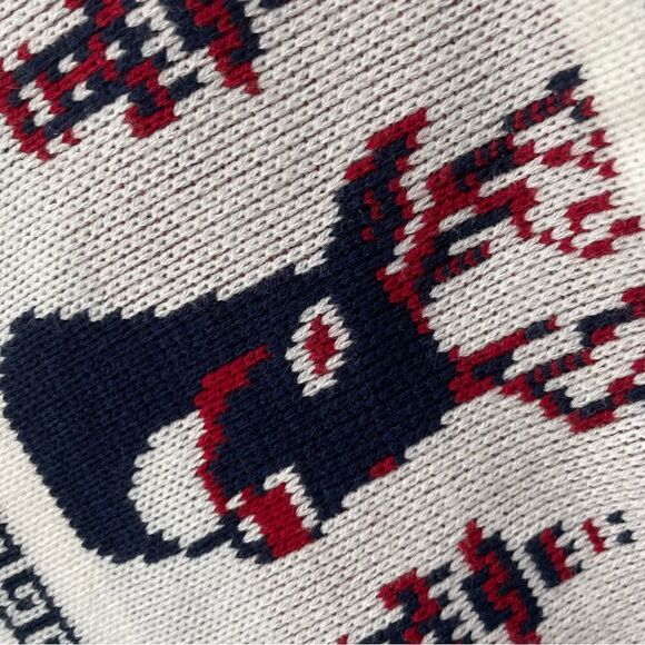[l] Creme White Knit Holiday Poncho Sweater with Navy Blue & Red Reindeer Print - Picture 11 of 14